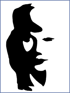 Optical illusion of a sax player or a woman using negative space.